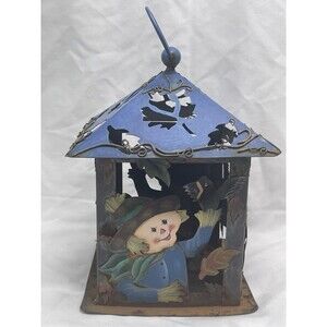 Fall Scarecrow Metal Lantern Colorful Thanksgiving Shelf Or Hanging Decor 10”